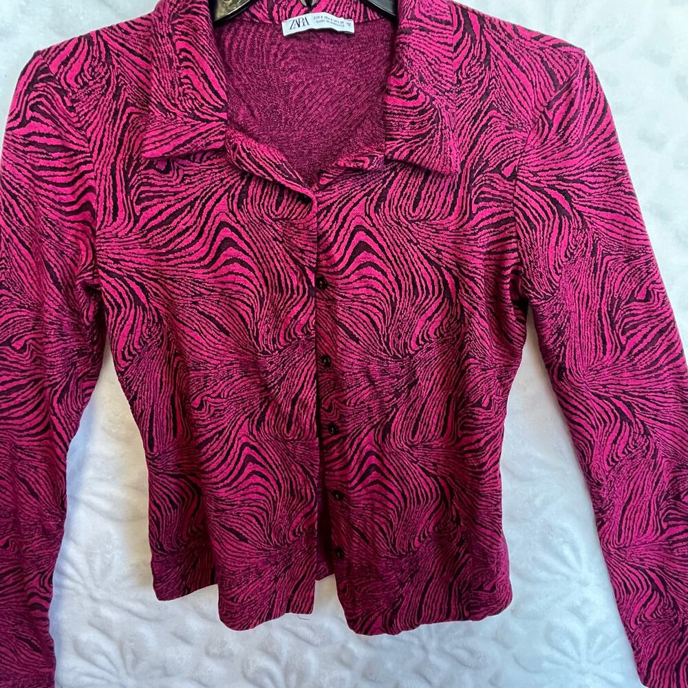 Zara pink zebra print button front blouse cropped extra long sleeves size small - Picture 7 of 7